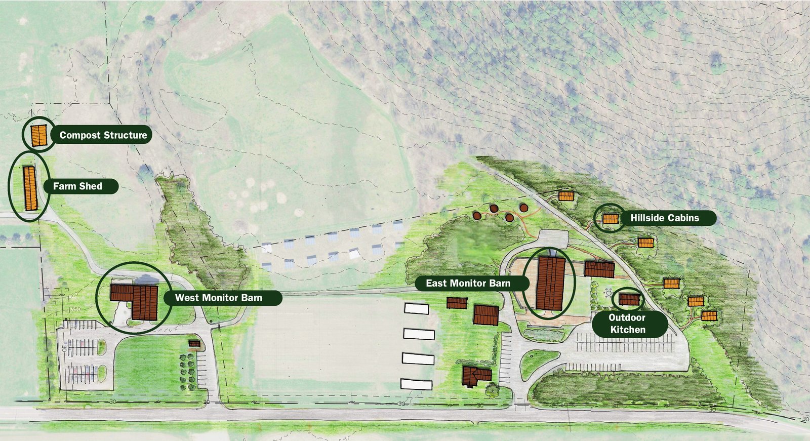 VYCC campus plan showing East Monitor Barn, West Monitor Barn, Hillside Cabins, Farm Shed, Compost Structure, and Outdoor Kitchen