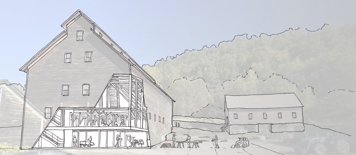 Architectural sketch showing the East Monitor Barn interior levels and planned uses