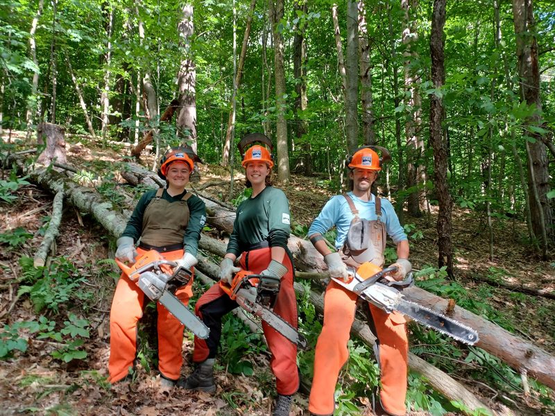 VYCC forestry crew with chainsaws in the Vermont woods